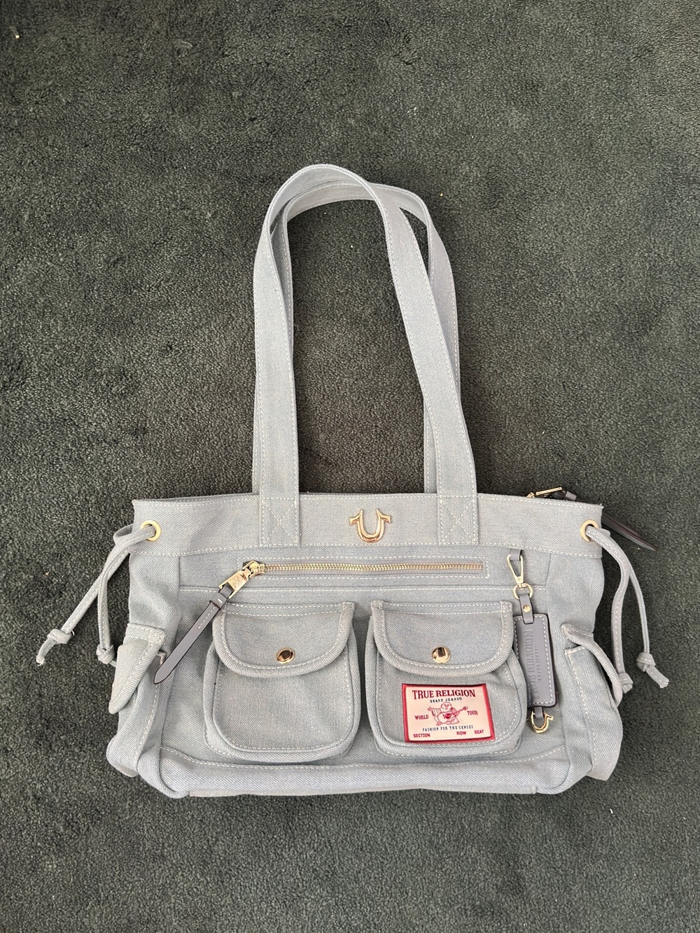 True Religion Light Gray Canvas Tote with Front Pockets and Gold Hardware